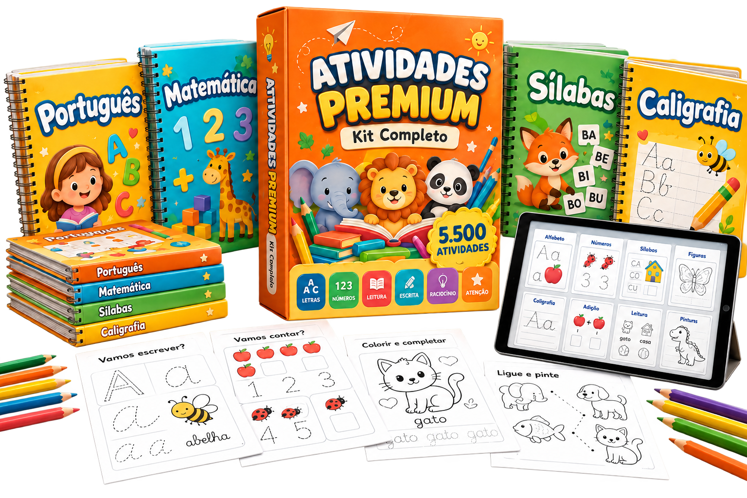 Apresentação do Kit Completo Atividades Premium com cadernos de Português, Matemática, Sílabas e Caligrafia, fichas para imprimir e acesso digital